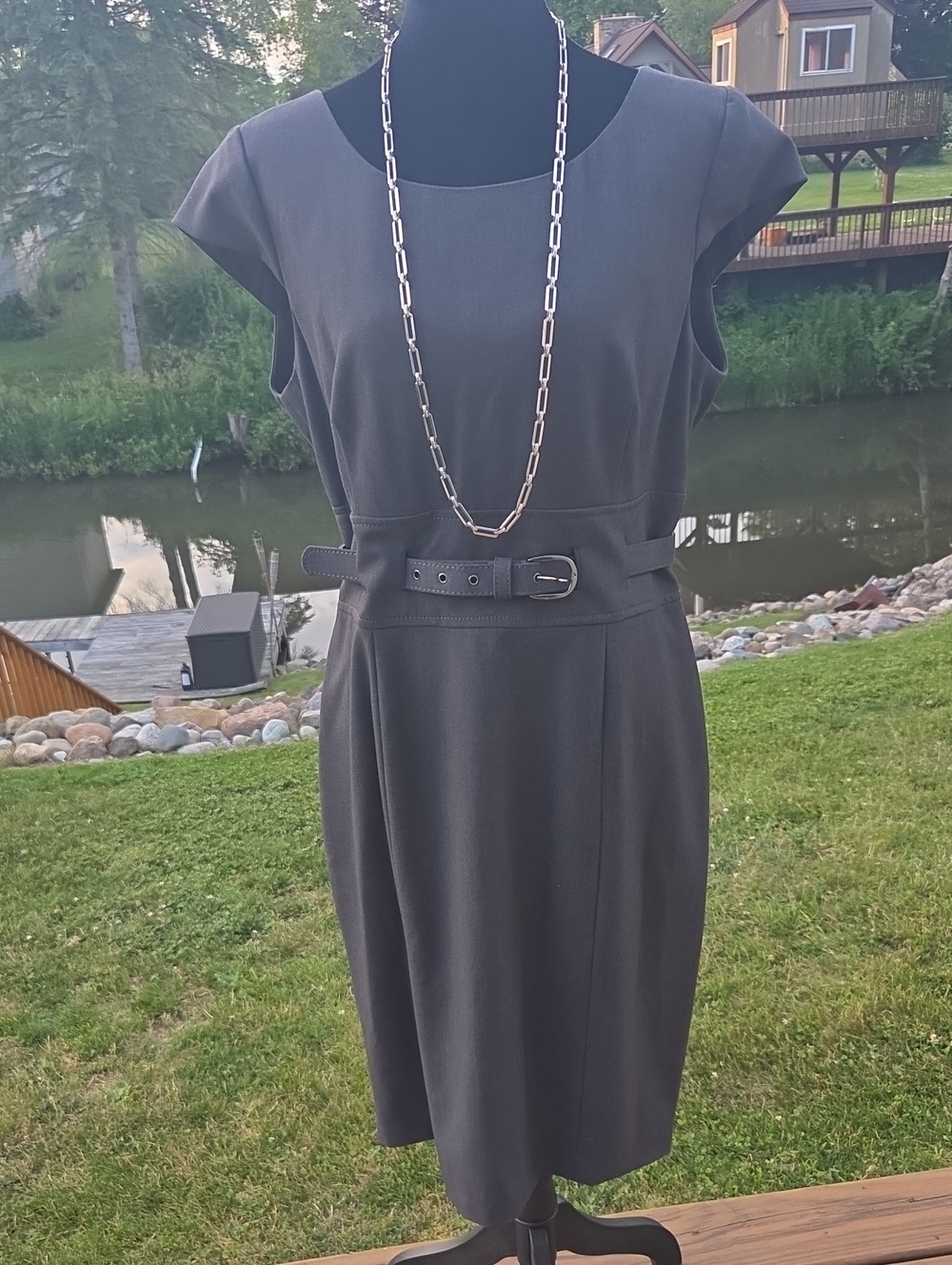 Calvin Klein Classic Cap-Sleeve Belted Sheath Dress - Gray